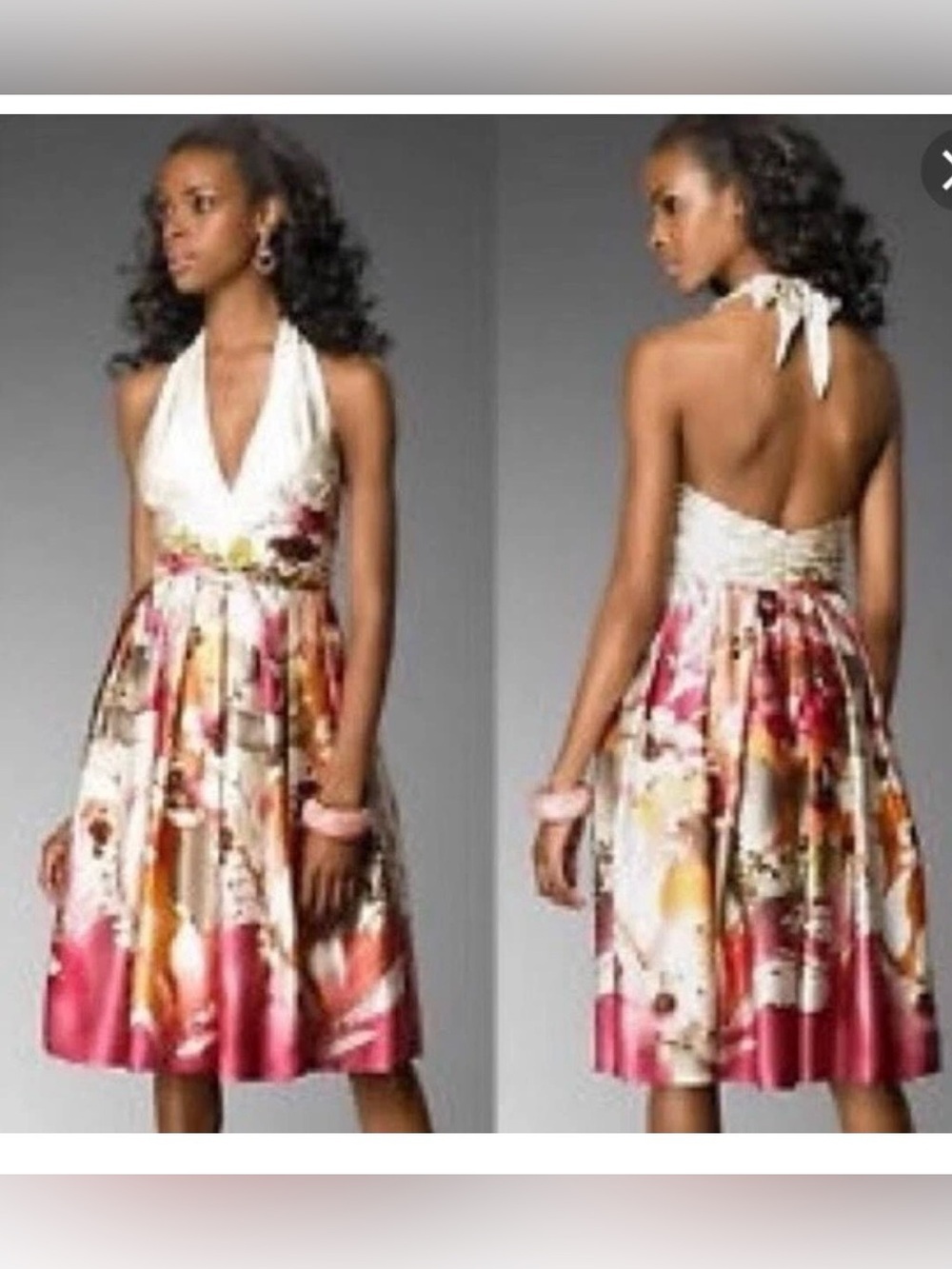 Adrianna Papell White Halter Midi Dress with Pink Floral Skirt